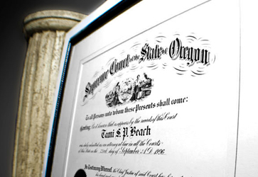 Framed Supreme Court State of Oregon law license for Tami S.P. Beach